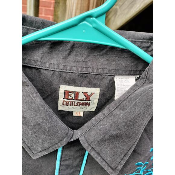 ELY CATTLEMAN XL Western Shirt - Aqua/Turquoise Floral Embroidery - Black Piping - Picture 3 of 6